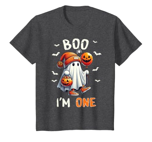 Halloween Boo I'm First 1st Birthday Boy Boo I'm One Ghost 1st Birthday Halloween Boy Kids Groovy T-Shirt - size chart