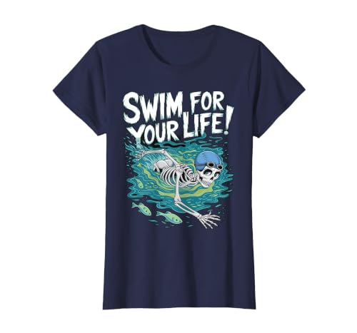 Swim Lover Halloween Custom Tee For Swimmers Kids Halloween Skeleton Swimming Swim for Your Life Swimmers Dad T-Shirt - size