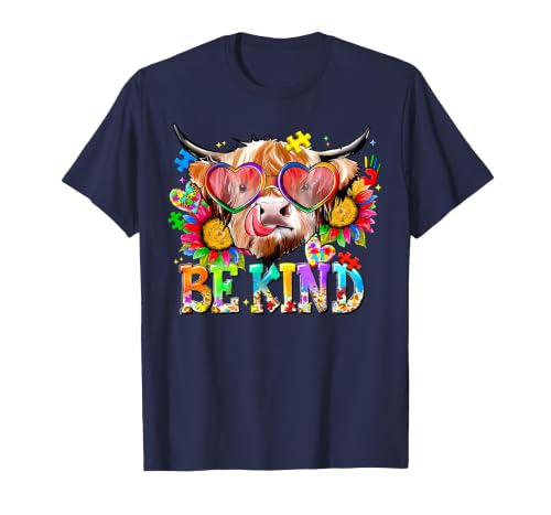 Be Kind Highland Cow Autism Awareness Sped Teacher Be Kind Highland Cow Autism Awareness Inspirational Teacher T-Shirt -