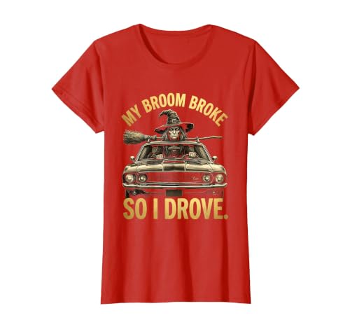 Mademark My Broom Broke So I Drove Funny Halloween Design T-Shirt - size chart