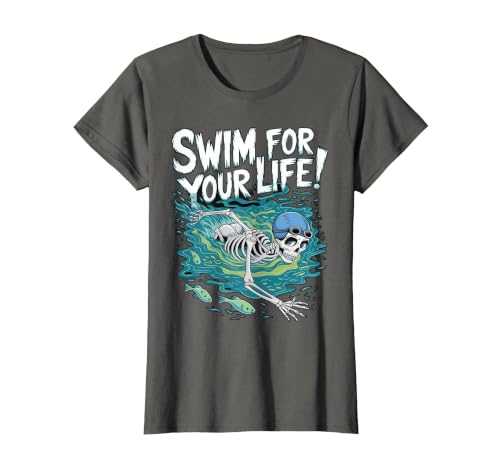 Swim Lover Halloween Custom Tee For Swimmers Kids Halloween Skeleton Swimming Swim for Your Life Swimmers Dad T-Shirt - size
