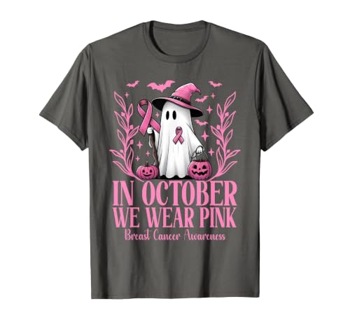 Arich.Tee's Breast Cancer Awareness Ghost in October We Wear Pink Breast Cancer Witch Ghost Halloween T-Shirt - size chart