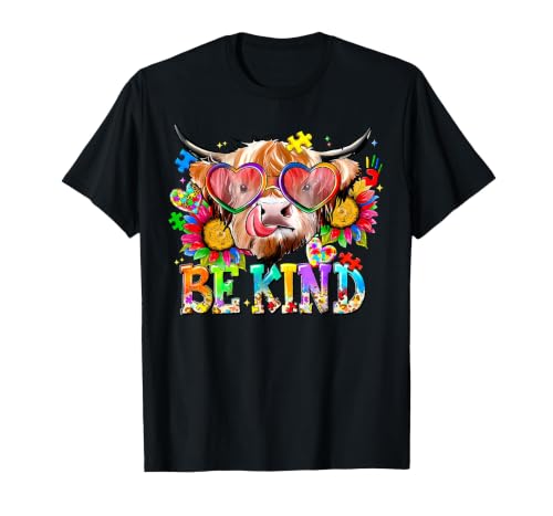 Be Kind Highland Cow Autism Awareness Sped Teacher Be Kind Highland Cow Autism Awareness Inspirational Teacher T-Shirt -
