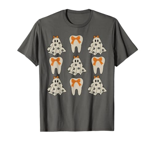 Dentist Dental Halloween Costume Tee Gifts Floral Ghost Teeth Dental Dentist Halloween Costume T-Shirt - size chart
