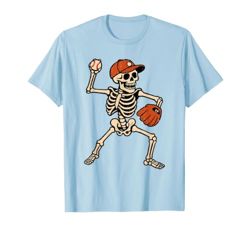 Funny Skeleton Baseball Tee Skeleton Baseball Halloween Costume Pitcher Sport Player T-Shirt - size chart