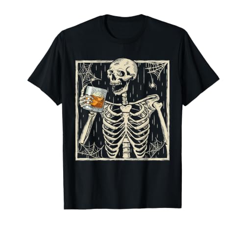 Funny Skeleton Drinking Bourbon Whiskey Halloween Alcoholic T-Shirt - size chart