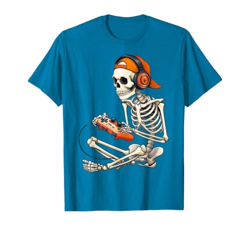 Halloween Skeleton Shirts for Gamers Men Boys Kids Halloween Skeleton Gamer Video Gaming Boys Men Kids Funny T-Shirt - size