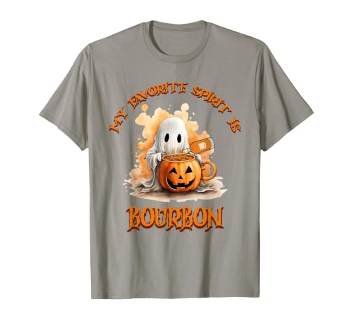 Boo Watercolor Pumpkin Cup Light Witch Hat Bottle Bourbon My Favorite Spirit is Bourbon Happy Halloween Boo T-Shirt - size