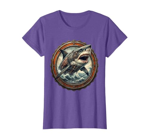 Mademark Shark Mech Robot Rising From The Ocean Graphic T-Shirt - size chart