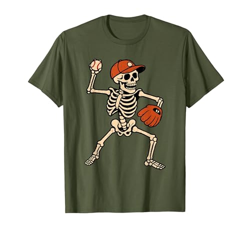 Funny Skeleton Baseball Tee Skeleton Baseball Halloween Costume Pitcher Sport Player T-Shirt - size chart