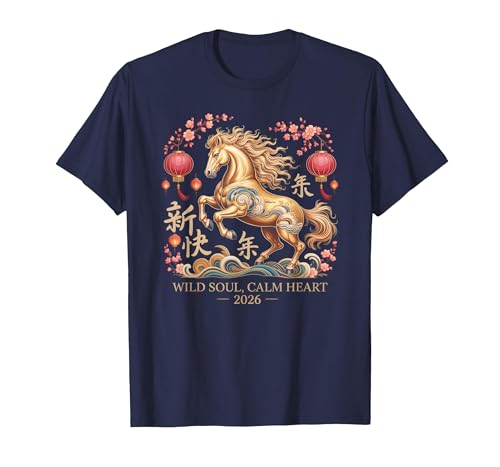Chinese New Year 1990 Birthday Fortune Prosper Red Festive 2026 Horse Lady Crazy Wild Soul Calm Heart Lunar T-Shirt - size chart