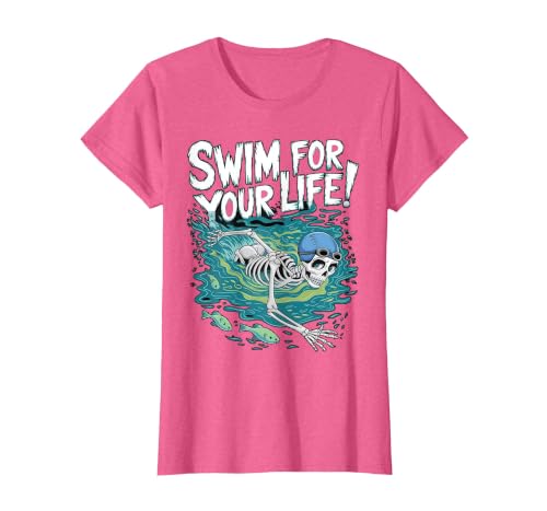 Swim Lover Halloween Custom Tee For Swimmers Kids Halloween Skeleton Swimming Swim for Your Life Swimmers Dad T-Shirt - size