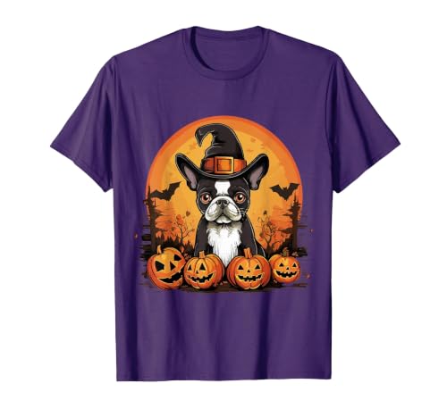 Boston Terrier Bostie Dog Halloween Designs Boston Terrier Bostie Dog Breed Pet Halloween Pumpkins T-Shirt - size chart