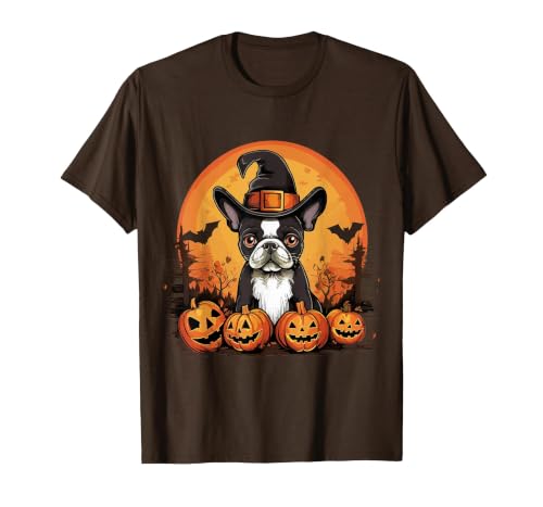 Boston Terrier Bostie Dog Halloween Designs Boston Terrier Bostie Dog Breed Pet Halloween Pumpkins T-Shirt - size chart