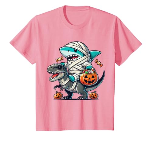Funny Shark Dinosaur Halloween Kids Boys Tees Shark Riding Dinosaur T-rex Funny Halloween Pumpkin Boys Kid T-Shirt - size
