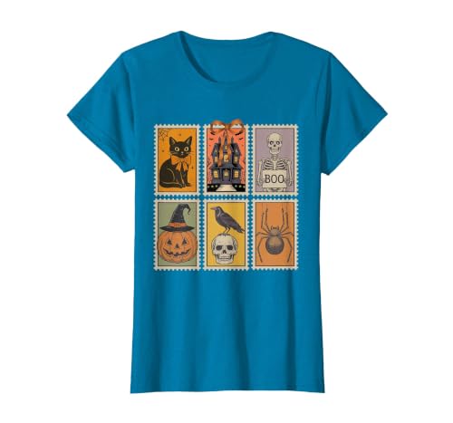 Halloween Stamp Cute Ghost Cute Fall Apparel Vintage Halloween Stamp Cute Ghost Pumpkin Cat Retro Fall T-Shirt - size chart
