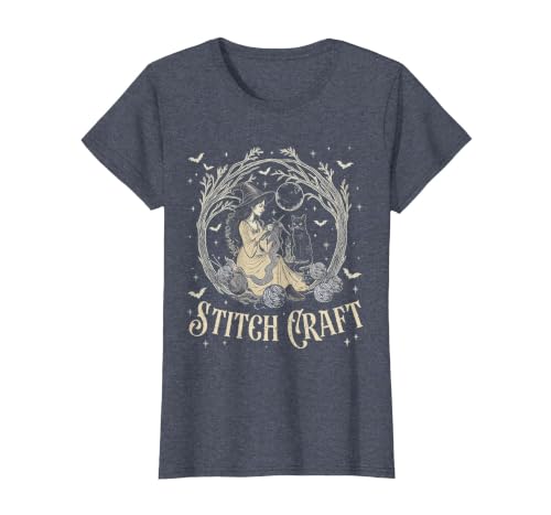 Witch Black Cat Halloween Witches Crochet Womens Stitch Craft Salem Witch Halloween Cat Witch Girls Trip T-Shirt - size chart