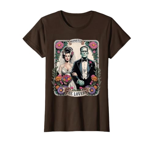 The Lovers Tarot Card Spooky Halloween Women Men The Monster Frankenstein and Bride The Lovers Tarot Card T-Shirt - size