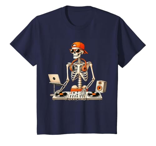 Funny Skeleton DJ Halloween Men Outfit Skeleton DJ Halloween Costume Turntable Music Funny Men Boys T-Shirt - size chart