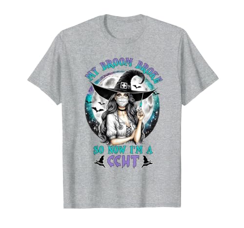 CCHT Dialysis Technician My Broom Broke So Now I'm a CCHT Dialysis Tech Halloween T-Shirt - size chart