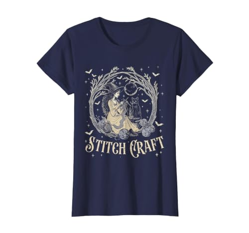 Witch Black Cat Halloween Witches Crochet Womens Stitch Craft Salem Witch Halloween Cat Witch Girls Trip T-Shirt - size chart