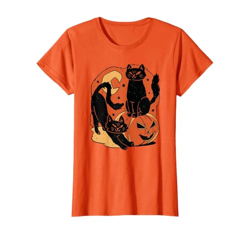 Halloween scary black cat Vintage Scary Halloween Black Cats and Pumpkin T-Shirt - size chart