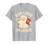 Christian Halloween Merch Boo-Lieve in Jesus - Christian Halloween Christianity T-Shirt - size chart