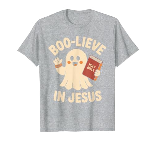 Christian Halloween Merch Boo-Lieve in Jesus - Christian Halloween Christianity T-Shirt - size chart