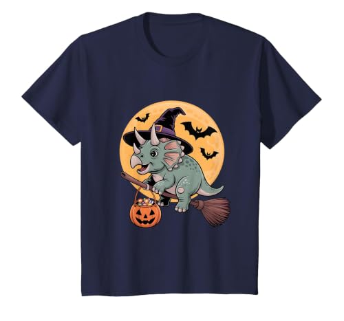 Triceratops Lover Dino Halloween Party Wear Triceratops Witch Hat Pumpkin Halloween Costume Men Women T-Shirt - size chart