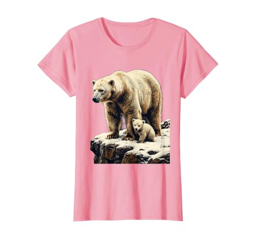 Mademark Mama Polar Bear and Cub Snowy Cliff Illustration T-Shirt - size chart