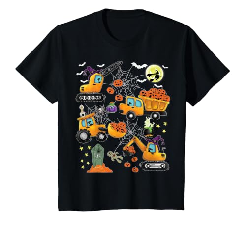 Kids Fun Construction Vehicle Halloween spider web Kids Construction Vehicle Halloween Crane Truck Pumpkin Boys T-Shirt -