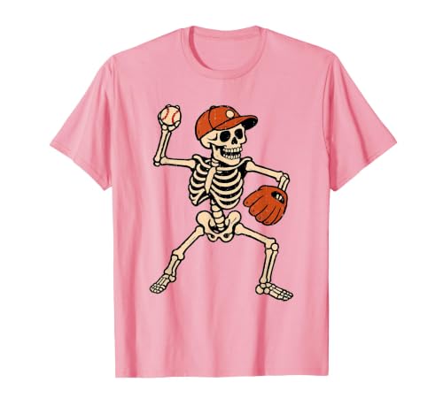 Funny Skeleton Baseball Tee Skeleton Baseball Halloween Costume Pitcher Sport Player T-Shirt - size chart