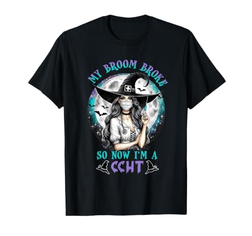 CCHT Dialysis Technician My Broom Broke So Now I'm a CCHT Dialysis Tech Halloween T-Shirt - size chart