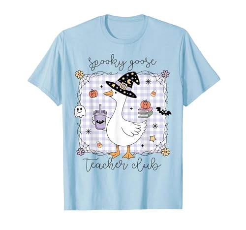 Spooky Goose Teacher Halloween Costume Funny Halloween Silly Goose Witch Spooky Goose Teacher Club T-Shirt - size chart