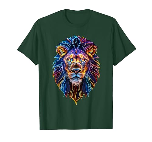 Psychedelic Jungle Glow Animal Art Glow Lion Head Art Psychedelic Jungle Animal Face T-Shirt - size chart
