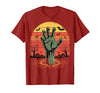 Creepy Undead Zombie Hand Retro Sunset Scary Zombie Hand Retro Sunset Halloween Horror Tee T-Shirt - size chart