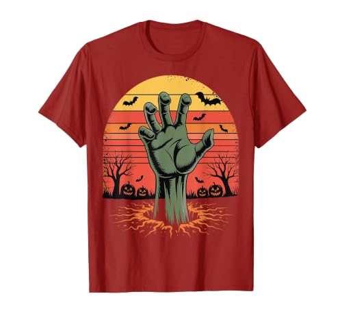 Creepy Undead Zombie Hand Retro Sunset Scary Zombie Hand Retro Sunset Halloween Horror Tee T-Shirt - size chart