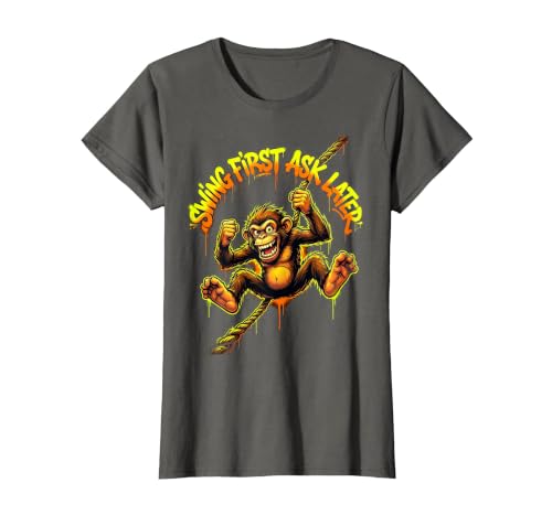 Mademark Swing First Ask Later Funny Monkey Design T-Shirt - Women - size chart