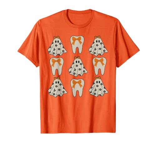 Dentist Dental Halloween Costume Tee Gifts Floral Ghost Teeth Dental Dentist Halloween Costume T-Shirt - size chart