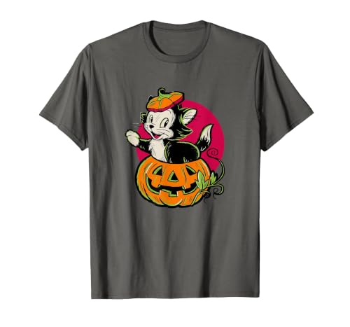 Disney Pinocchio Halloween Figaro Inside A Pumpkin Retro T-Shirt - size chart