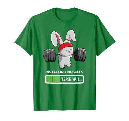 Bunny Gym Rabbit Weights Installing Muscles T-Shirt — design detail