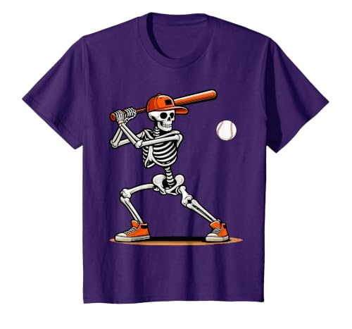 Funny Halloween Skeleton Sports Boys Costume Baseball Skeleton Spooky Boys Halloween Baseball Player T-Shirt - size chart