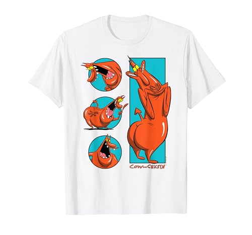 Cow and Chicken Red Guy Poses Collage Cartoon T-Shirt - size chart