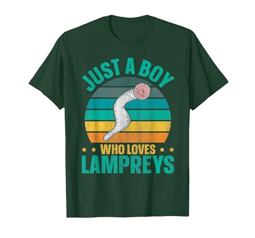 Sea Lamprey Fish Quote Just a boy who Loves Lampreys Quote for a Lamprey Boy T-Shirt - size chart