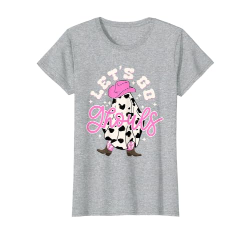 Let's Go Ghouls Cow Print Halloween Costumes Let's Go Ghouls Cowgirl Western Spooky Halloween Cute Retro T-Shirt - size chart