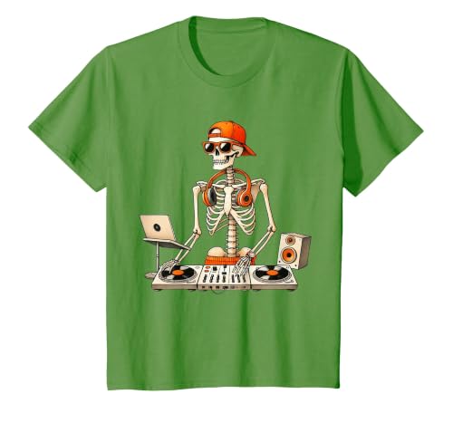 Funny Skeleton DJ Halloween Men Outfit Skeleton DJ Halloween Costume Turntable Music Funny Men Boys T-Shirt - size chart