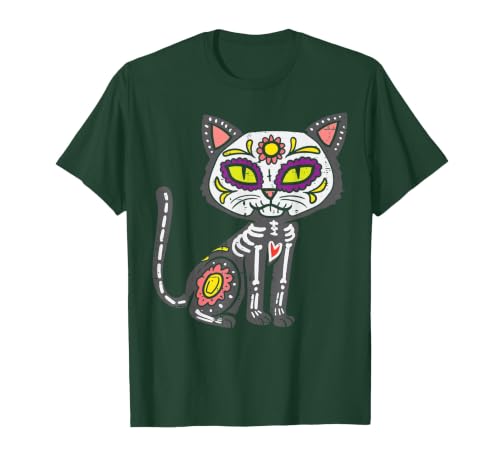 Halloween Cat Shirts For Women Men Kids Owner Sugar Skull Cat Dia De Muertos Day of Dead Halloween Mexican T-Shirt - size