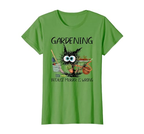 Black Cat Do Gardening Because Murder is Wrong T-Shirt - size chart