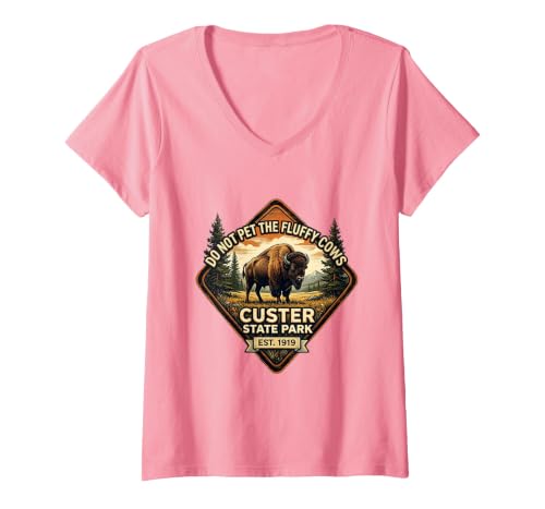 Mademark Women's Do Not Pet The Fluffy Cows Custer State Park Design V-Neck T-Shirt - size chart