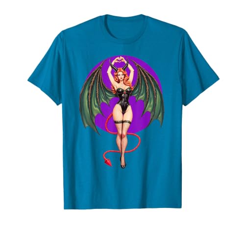 Classic Vintage Pin-Up Sexy Girl by YUX Sexy Succubus Monster Halloween Hand Heart Pin-Up Girl Devil T-Shirt - size chart